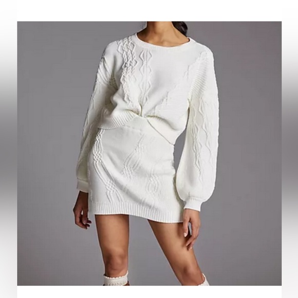 Maeve Anthropologie M Ivory 2 Piece Cable Knit Sweater Skirt Set - Picture 8 of 9